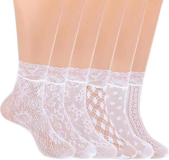 6 Pairs White/Black Lace Socks, Elegent Mesh Fishnet Ankle Socks Sexy Hollow Mesh Lace Sock for Women Girls