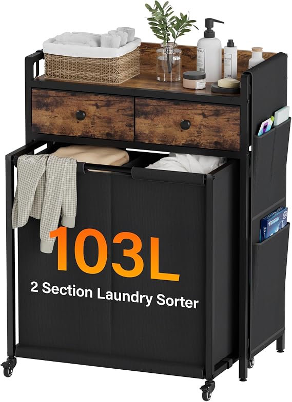 Laundry Hamper Basket: 2 Section Laundry Sorter with Wheels and Shelf - Rolling Laundry Basket Organizer with Shelf Drawers and Pull-Out Cart - Clothes Hamper for Laundry Room Bathroom Bedroom