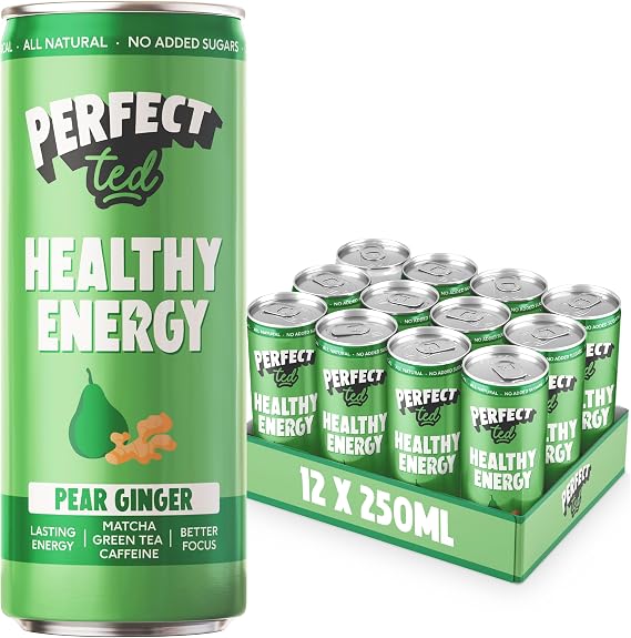PerfectTed Pear Ginger Healthy Energy Drink, 12 x 250ml Cans, All-Natural Green Tea Caffeine (80 mg) & L-Theanine | Low Calorie (30 kcal) | Vegan | Gluten-Free