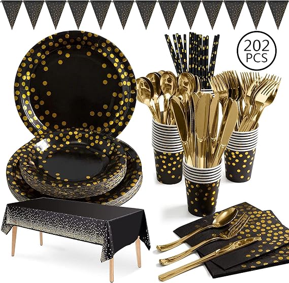 202pcs Eco-Friendly Gold & Black Party Paper Plates and Cutlery Napkins Cups Tablecloth Banner Supplies Set, Tableware Dinnerware Dining Sets for Wedding Birthday Anniversary Graduation Decorations