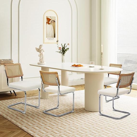 Dining Chairs Set of 4,Modern Rattan Kitchen Chairs,White | Mid Century Modern Design,Polished Chrome Frame,Upholstered Seat