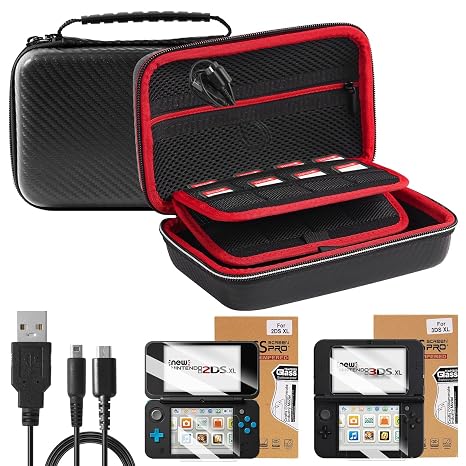 Jekarsy Three-in-One Kit for Nintendo 2DS XL/ 3DS XL ,Anti-Collision Carrying Case with EVA Material Covered , 2 Pack HD Front and Back Screen Protectors(3ds xl screen protector+ 2ds xl screen protector), 2 in 1 Usb Cable