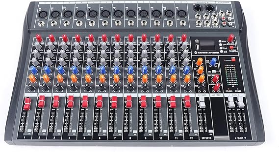 Digital Audio Mixer 12 Channel Bluetooth Mono/Stereo Sound Mixing Board Audio USB Mixing Console Ultra Low Noise Audio Console Mixer with Three-band EQ Regulation and Analog Effect