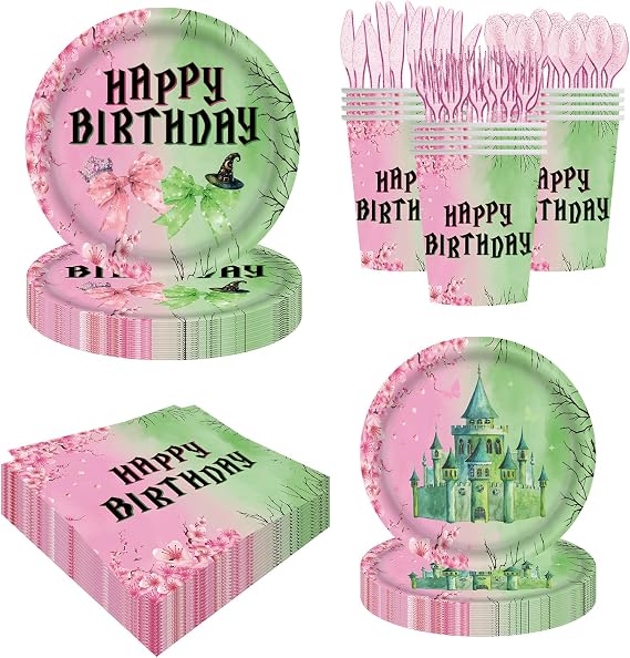 140pcs Witch Party Tableware Set Pink Green Serves 20 Guests