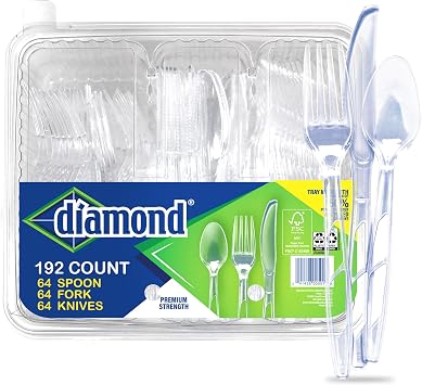 Diamond All Occasion Clear Plastic Cutlery Set 192 Count (64 Forks, 64 Spoons, 64 Knives), Disposable Utensils, Durable Polystyrene, Reusable Tray, Made in USA