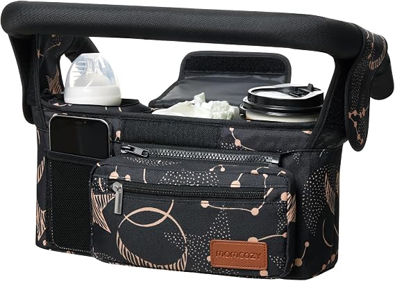 Momcozy Universal Baby Stroller Organizer, 2 Insulated Cup Holder, Detachable Zippered Pocket, Adjustable Shoulder Strap, Large capacity for baby essentials, Compact Design Fits Any Strollers | Detachable Phone Bag and Shoulder Strap, Fits for Uppababy, Baby Jogger, Britax, BOB, Umbrella, and Pet Strollers