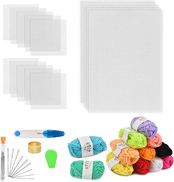OctBird 39Pcs Plastic Canvas Kit, Mesh Plastic Canvas Sheets Kit Including 15 Pieces Clear Plastic Canvas, 12 Color Acrylic Yarn and Embroidery Tools for Embroidery Plastics Canvas Craft