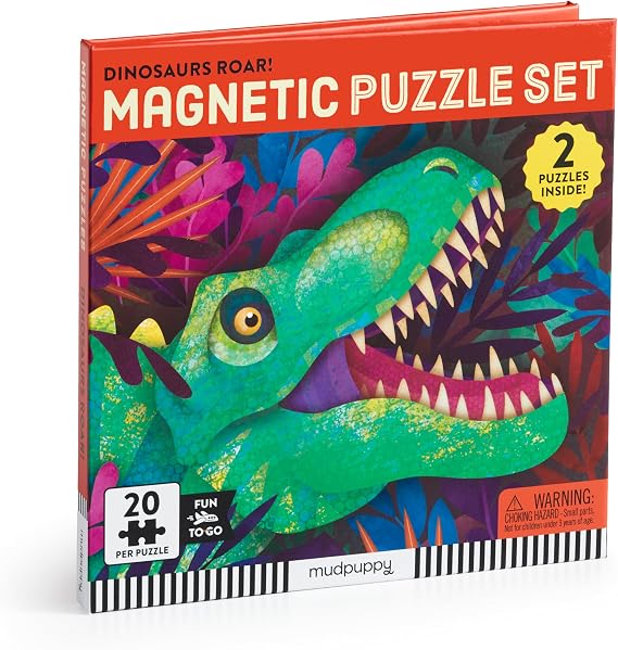 Mudpuppy Dinosaurs Roar! - Tri Fold Magnetic Puzzles Featuring Two 20 Piece Dinosaur Themed Artwork