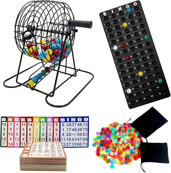 JUNWRROW Deluxe Bingo Game Set with 8" Metal Bingo Cage,600 Plastic Chips | 100 Bingo Cards,75 Calling Balls,Master Board and 2 Velvet Bag for Parties, Classroom, Large Groups