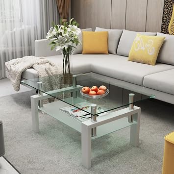 Modern Rectangle Glass Coffee Table,Tea Table,Center Table,Coffeetable - Double-Layer Storage, Sturdy Iron Frame, 220lbs Capacity, Easy Assembly, Ideal for Living Room/Office (White)