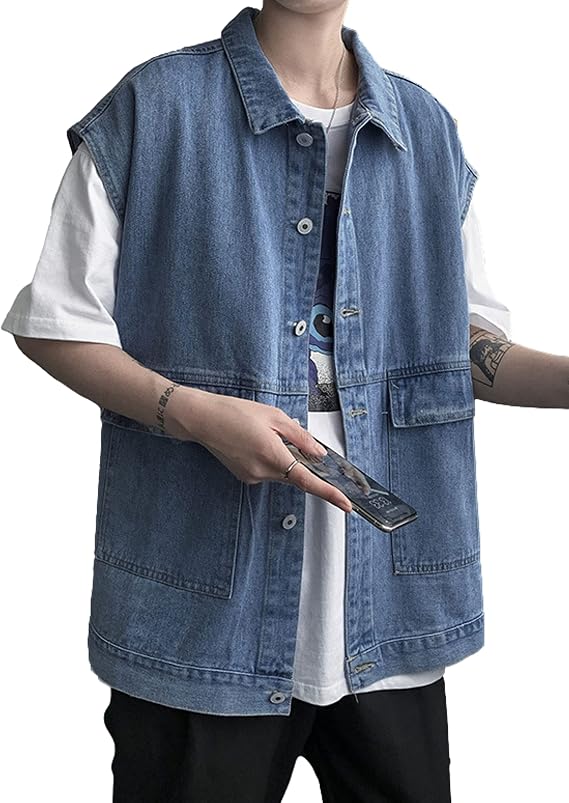 Mens Casual Lapel Collar Work Denim Jean Vest Jackets Waistcoat
