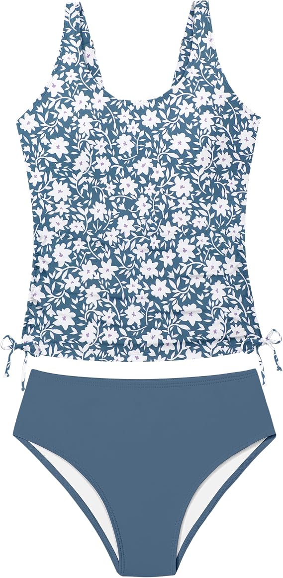 Qaoerde Bathing Suit for Girls Tankini Swimsuits Size 14-16 Two Piece Drawstring Printed Tween Girls Swimsuits Ruched Adjustable Straps Swimwear Dark Blue Floral 15-16 Years