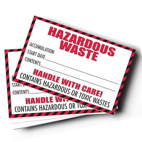 Hazardous Waste Label with Handle with Care, 4"x6", 25 Pack, Red and White Label, Contains Hazardous Or Toxic Wastes Warning,Self-Adhesive
