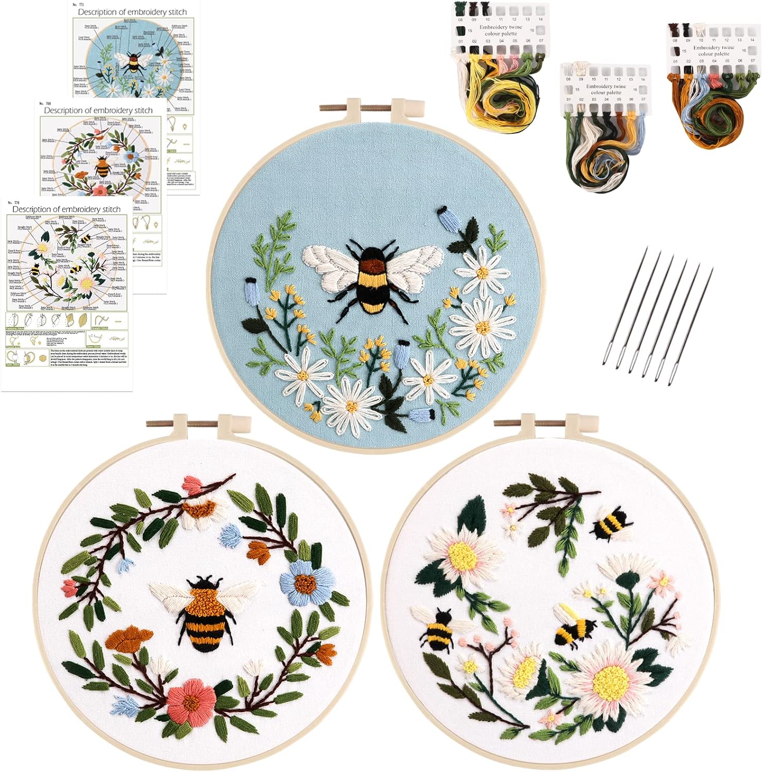 Lukinbox Embroidery Kit for Beginners Adults, 3 Sets Cross Stitch Starter Kits Include 3 Stamped Embroidery Clothes with Floral and Bee Pattern, 1 Embroidery Hoop, Threads, Needles and Instructions