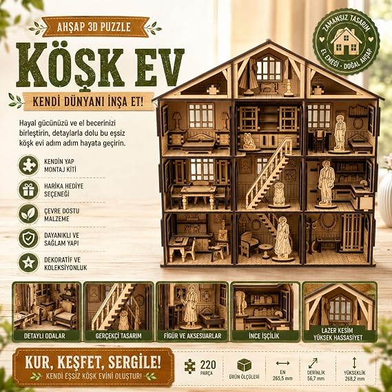 AlgWoodDesign Köşk Ev Ahşap Maket Seti 220 Parça – DIY 3D Puzzle Çok Odalı Bebek Evi Koleksiyoner Modeli