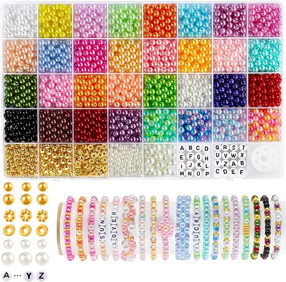 Funtopia 2085pcs Pearl Beads, 32 Colors Colorful Round Beads for Bracelets