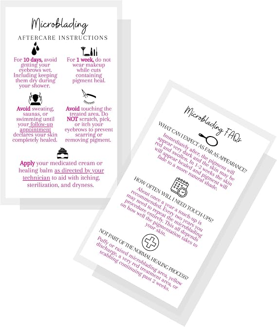 Boutique Marketing LLC Microblading Aftercare Instruction Cards | 50 Pack | Size 3.5 x 2 inches | Disposable FAQ Snatched Brows PMU | White with Pink Font Design