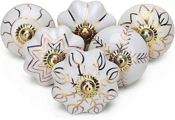 Craft Trade Gold Door Cabinet Knob Boho Antique Ceramic Door Knobs Dresser Drawer Pulls Hardware Knobs for Kitchen Furniture Brass and Cabinet - 06 Pieces