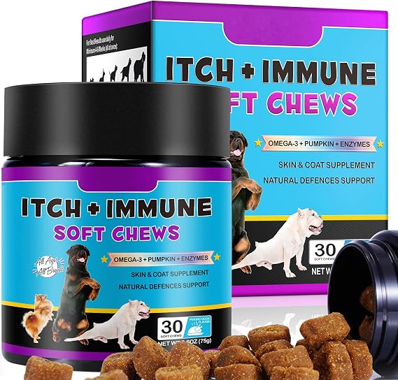 Itch & Immune Chews for Dogs (30 Chews) – Skin & Coat Support, Seasonal Comfort, Omega 3, Colostrum & Probiotics – Helps with Itchy Paws, Skin, Eyes & Ears –Peking Duck Flavour