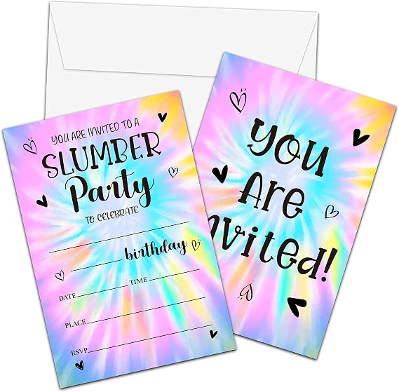 Slumber Birthday Invitations with Envelopes - Tie Dye Birthday Party Invitation Card for Girls/Boys - Pajama Party Fill-in Invites Cards - Rainbow Sleepover Party Celebration (20 Pack)-21