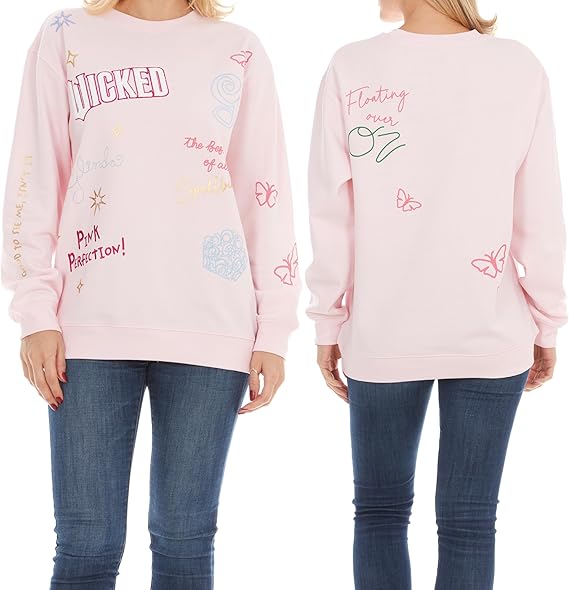 Wicked Glinda & Elphaba Womens, Ladies & Juniors Crewneck Sweatshirt with Embroidery & Chenille, Sleeve & Back Graphics