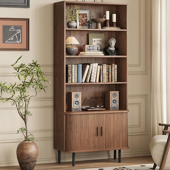 ComfyCorner 71" Tall Bookshelf with Cabinet, 5 Tier Fluted Bookcase Walnut
