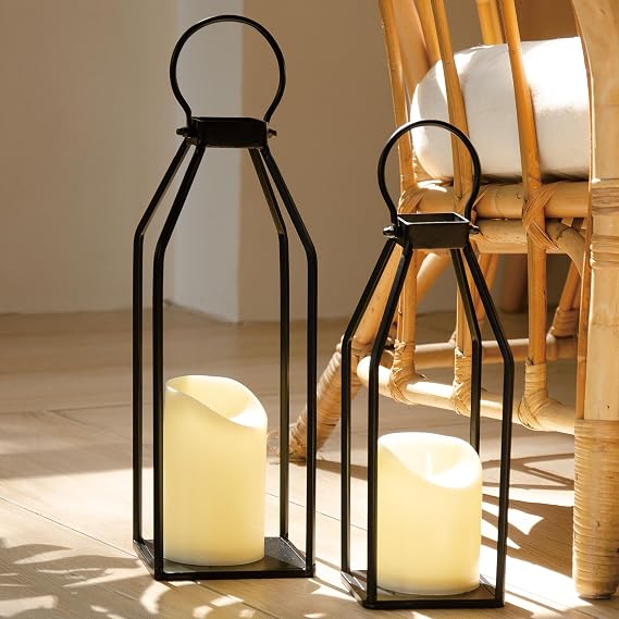 Perfnique Modern Farmhouse Lantern Decor, 15'' 13'' Set of 2 Black Metal Lanterns, 2 LED 6hr Timer Flickering Flameless Candles, Lanterns Decorative for Outdoor Decor, Home, Indoor, Patio (Black) [Energy Class A]