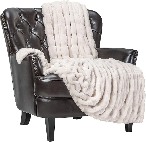 Chanasya Premium Ruched Faux Fur Throw Blanket - Luxurious, Soft Reversible Mink Blanket - 50" x 65 - Cloud