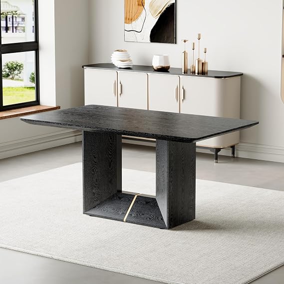 63'' Black Dining Table for 4-6|Ideal for Kitchen Dining Room|Modern Dining Room Table|Wood Grain Veneer|U-Shaped Base|Easy Assembly|Minimalism
