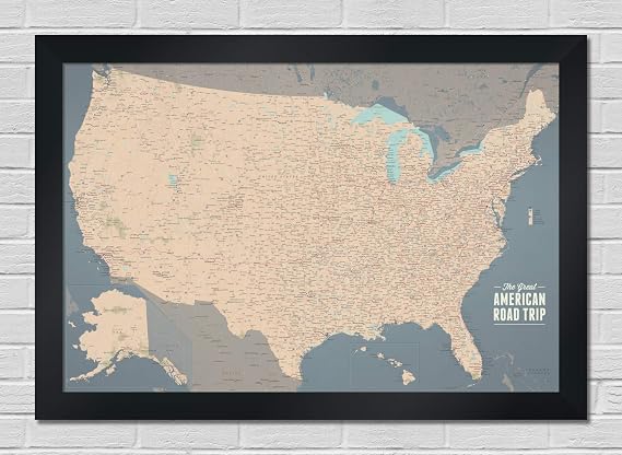 USA Road Trip & Travel Highway Tracing Poster - 24x36 (Tan & Slate Blue | Black Frame)