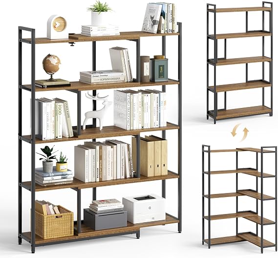 Mondeer 5 Tier Bookcase, Width Adjustable from 80 to 146cm, Rustic Brown | Corner Bookshelf L Shaped Tall Bookshelves for Living Room Home Office Study Bedroom Kitchen Balcony, 146 x 24 x 147 cm