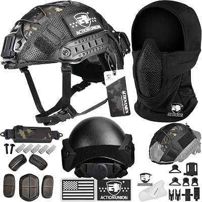 ACTIONUNION Airsoft Helmet and Mask Pro Set Tactical Paintball Helmet and Balaclava Mesh Mask MH Type with Counterweight