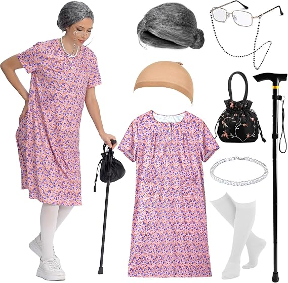 Old Lady Costume for Women, Halloween 100 Days of school Old Person Costume, Grandma Granny Dress Up Outfit Accessories