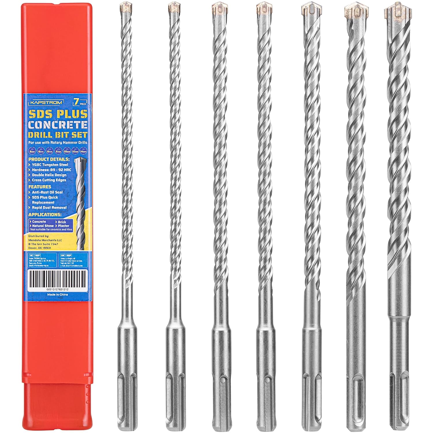7-Pc SDS Plus Carbide Drill Bit Set 68101214mm for Rotary Hammers & Impact Drills, Tungsten Tipped Drill Bits for Concrete, Masonry, Brick & Natural Stone