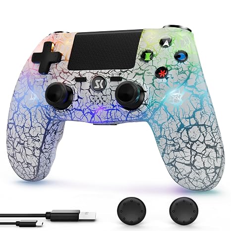 CHENGDAO Controller für PS4 Wireless Joystick Controller LED per Playstation 4/Pro/Slim con retroilluminazione RGB regolabile Batteria da 1000 mAh sensore di movimento Dual Shock a 6 ass Weiß