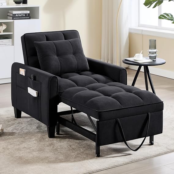 Convertible Sleeper Chair, 3 in 1 Sleeper Chair Bed Pull Out Sofa Bed Chairs, Single Sofa with Adjustable Backrest for Adults Reading Living Room, Bedroom, Black