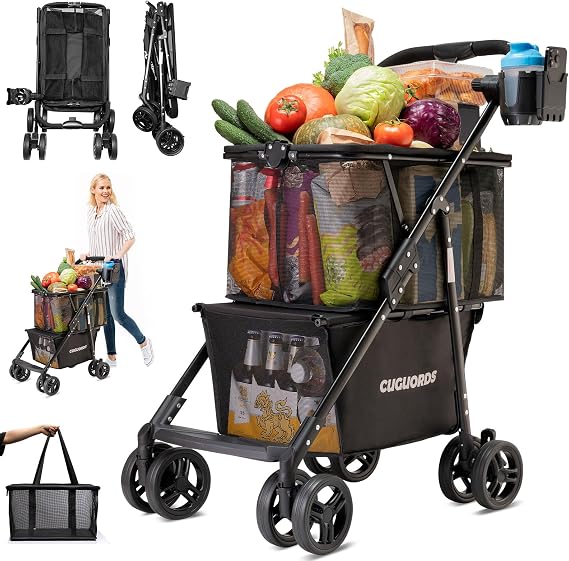 Stroller Personal Shopping Cart Foldable On Swivel Wheels,Multifunctional Portable Grocery Cart Collapsible with Removable Basket,Easy Single-Hand Pop Up And Folding,Shop Tote & Lower Storage Max 80lb