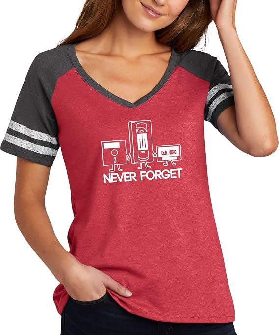 Comical Shirt Ladies Never Forget Funny Shirt Floppy Disc VHS Cassette Tech Geek Tee Game V-Neck Tee