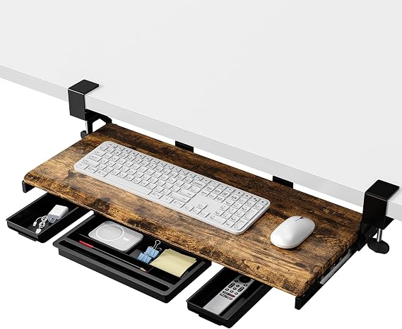 ETHU Under Desk Keyboard Tray with Storage Drawers 68x30cm | Retractable Keyboard Drawer with C-Clamp, Sliding Keyboard Shelf for Home and Office, Walnut
