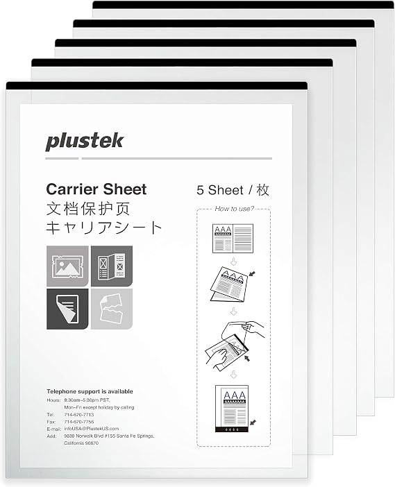Plustek A4 / Letter Size Document Carrier Sheets - (Pack of 5)