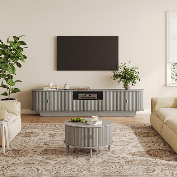Fluted TV Stand and Coffee Table Set of 2, Grey