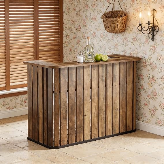 Rustic Brown Farmhouse Bar Table, U-Shaped Home Bar Unit with Storage Shelf, MDF Construction, 63x23.6x43.9 Inches