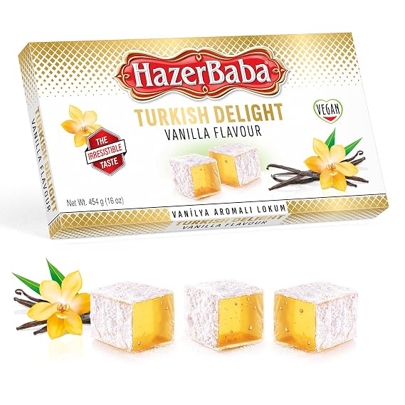 HazerBaba Turkish Delight Candy, Vanilla, 16oz (Pack of 1), Dulces | Lokum, Middle Eastern Sweets, Gluten Free Candy Variety Pack, Vegan Snack Box, Small Gift Box, Kosher Dessert, Halal Food
