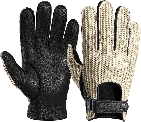 OZERO Leather Driving Gloves, Goatskin Palm, Unlined Crochet Knit Back | Full Finger Design, Breathable Knit Back, Perforated Airflow, Adjustable Snap Wrist, For Driving, Motorcycle And Casual Wear
