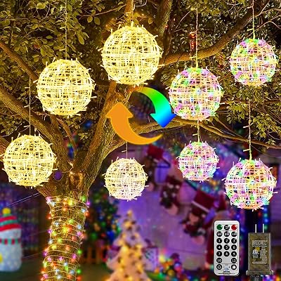 btfarm Color Changing Christmas Light Balls Outdoor with Remote & Timer, 4 Pack 7.87 Lighted Spheres Outside Hanging, 11 Mode Globe Lights with Plug for Trees Yard Garden Porch Patio Indoor Decor