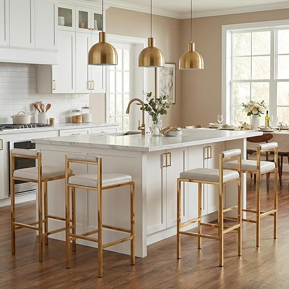 Hyfirm 30" H Gold Bar Stools with Low Back Set of 4, Grey Faux Leather | Waterproof Pu Leather Upholstery, Sturdy Golden Metal Frame, Space Saving, Back Support, For Kitchen Island, Pub & Home Bar