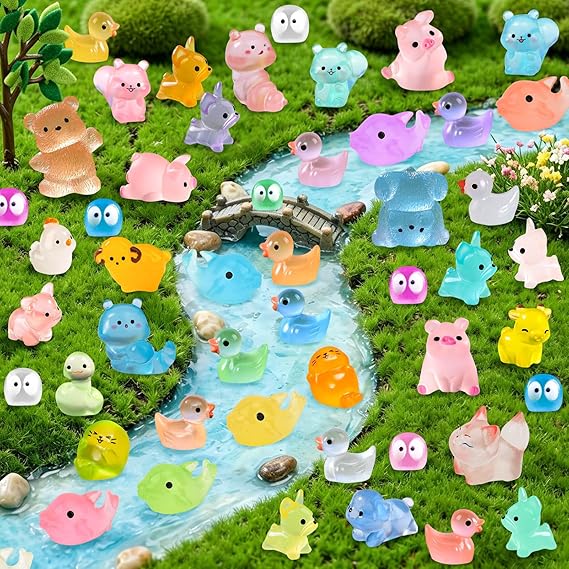 60 pcs Mini Resin Animals, 46 Styles Tiny Animal Figures Glow in the Dark for Potted Micro Landscape Garden Aquarium Dollhouse Decor