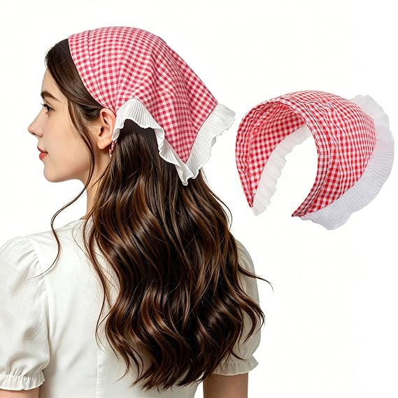 OWIIZI Lace Bandanas Headbands for Women Boho Hair Scarf (Plaid Red) | Floral Crochet Lace,Fashion Kerchief,Non-Slip Head Bands,Cute Head Scarf,Fashion Hair Accessories for Girls