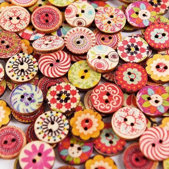 Luxiremi 100PCS Wooden Flower Buttons, Mixed Colors, 15mm, Round, Sewing Buttons