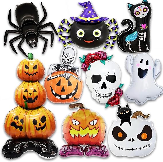CboDeco Halloween Foil Balloons, 9PCS Ghost, Pumpkin, Spider, Skeleton, Black Cat Party Balloons for Halloween Decorations, Spooky Party Supplies